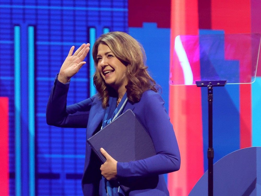 Premier Danielle Smith speaks at the 2025 Rotary International Convention to welcome countries from all over the world at the Scotiabank Saddledome in Calgary on Saturday, June 21, 2025. 