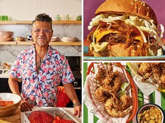 Clockwise from left: author and chef Rick Martínez, caramelized onion and serrano salsa, coconut fried shrimp and pineapple salsa