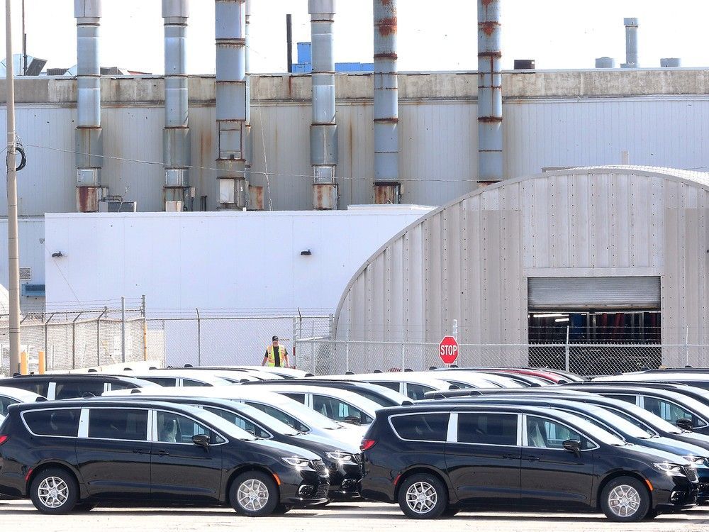 Pacifica models are shown at the Stellantis Windsor Assembly Plant on May 12, 2025.