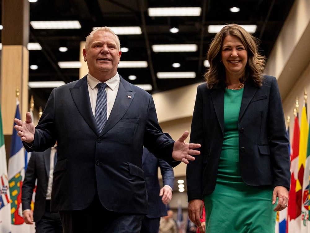 Ontario Premier Doug Ford and Alberta Premier Danielle Smith during the First Ministers' Meeting at TCU Place.