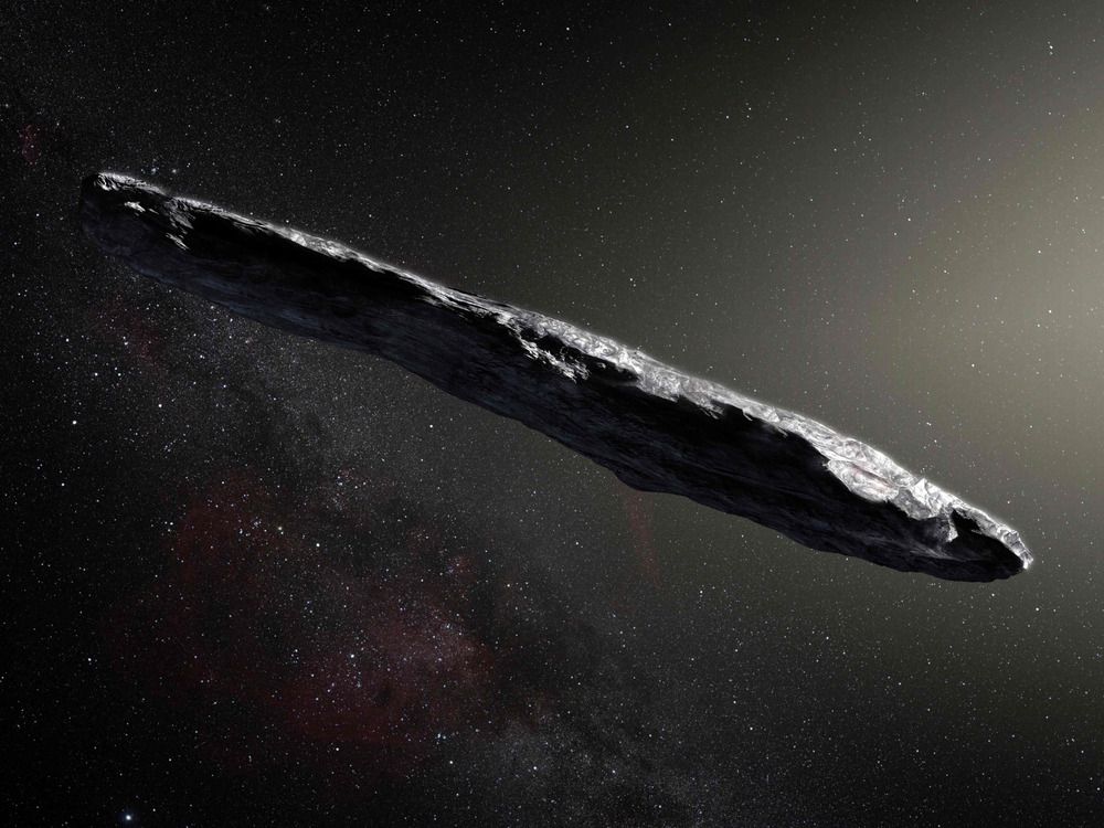 This handout photo released by the European Southern Observatory on Nov. 20, 2017, shows an artist's impression of the first interstellar asteroid, Oumuamua.