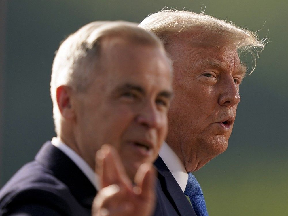  FILE: Canadian Prime Minister Mark Carney (L) and U.S. President Donald Trump arrive for a family photo during the Group of Seven (G7) Summit at the Kananaskis Country Golf Course in Kananaskis, Alberta, Canada on June 16, 2025.