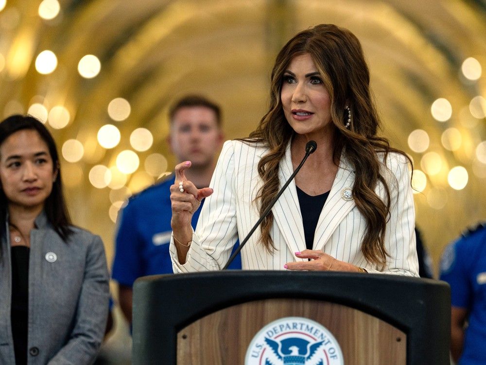  U.S. Secretary of Homeland Security Kristi Noem speaks during a news conference at Ronald Reagan Washington National Airport on July 8, 2025.