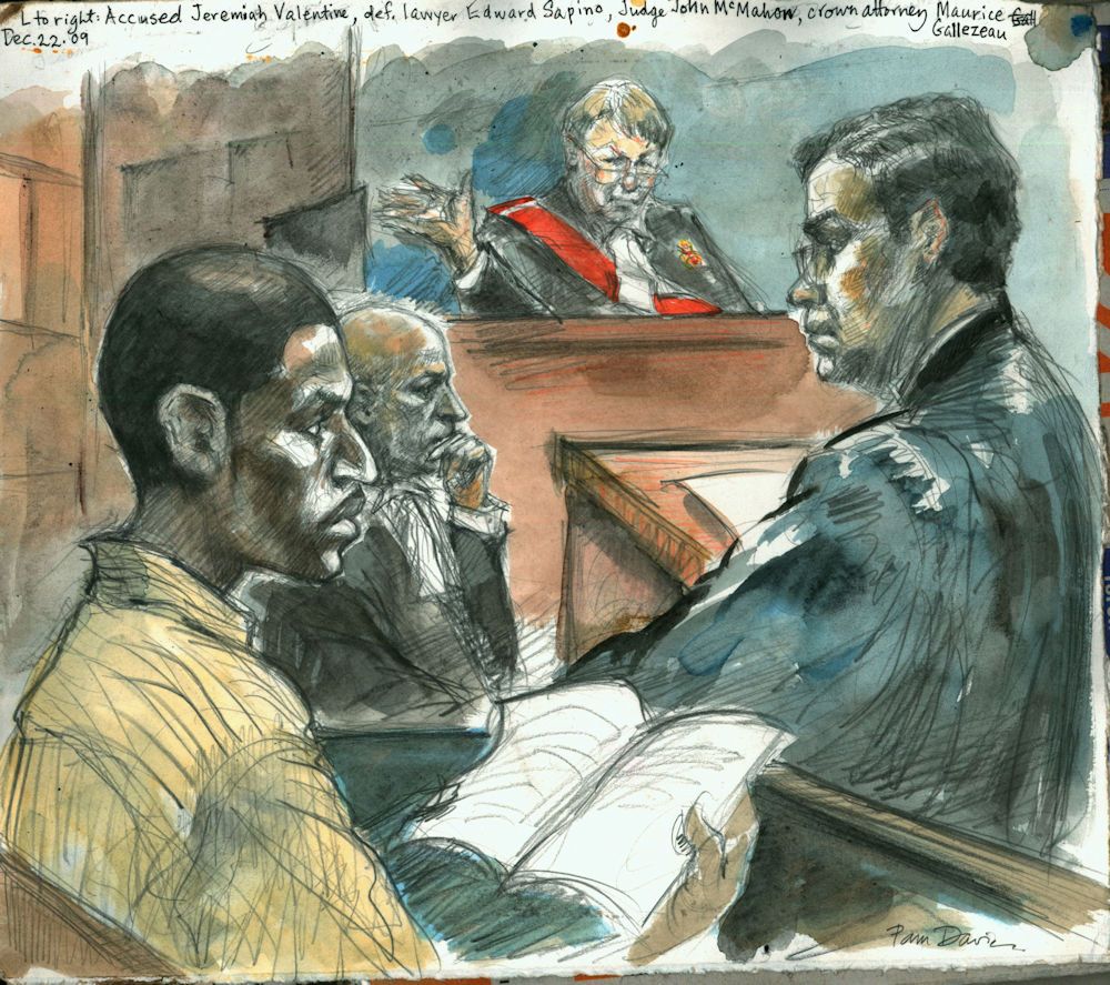  Jeremiah Valentine listens as Justice John McMahon issues his sentence yesterday as defence lawyer Edward Sapiano and Crown attorney Maurice Gillezeau look on.