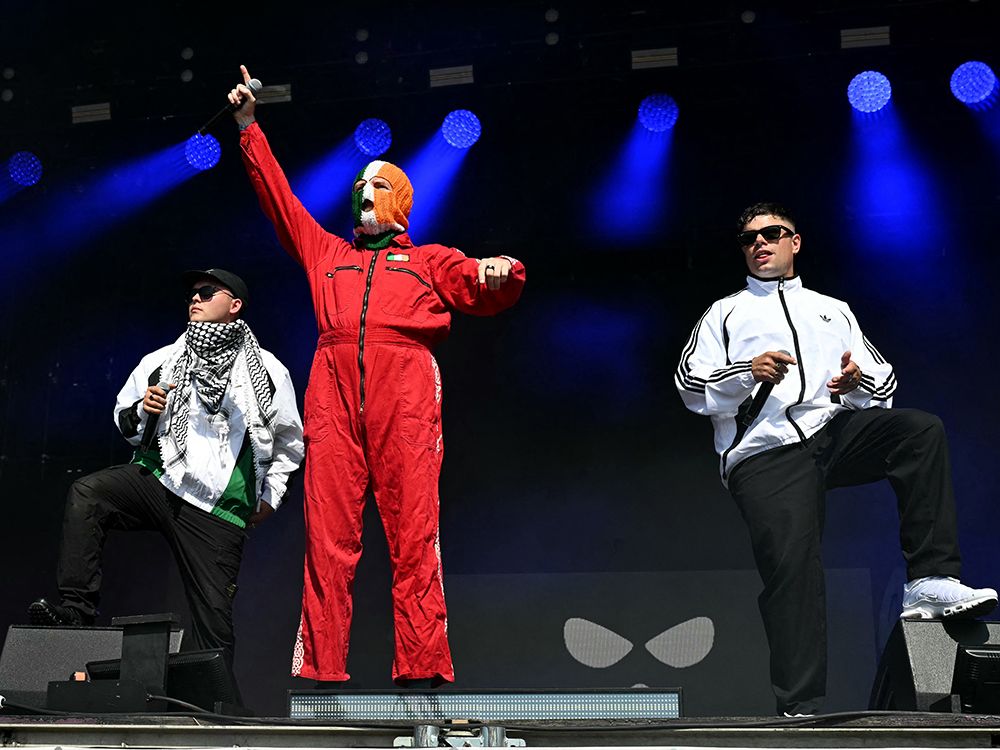 Irish rap band Kneecap performs at the Glastonbury festival in Pilton, England, on June 28, 2025.