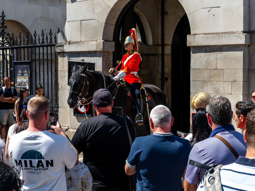 A soldier from Canada’s Lord Strathcona’s Horse regiment stands guard outside Buckingham Palace. A soldier from Canada’s Lord Strathcona’s Horse regiment stands guard outside Buckingham Palace.