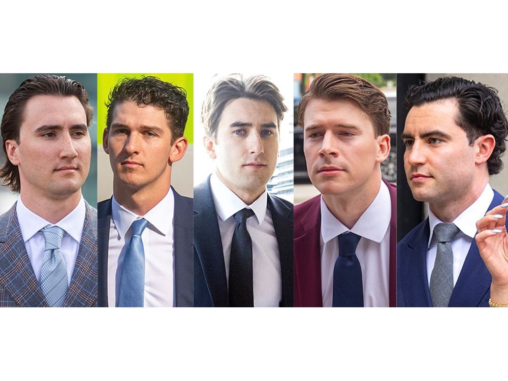 From left: Alex Formenton, Cal Foote, Michael McLeod, Carter Hart and Dillon Dube. All are shown entering the London courthouse on July 24, 2025, except McLeod, who is shown in a file photo. (Mike Hensen/The London Free Press) From left: Alex Formenton, Cal Foote, Michael McLeod, Carter Hart and Dillon Dube. All are shown entering the London courthouse on July 24, 2025, except McLeod, who is shown in a file photo. (Mike Hensen/The London Free Press)