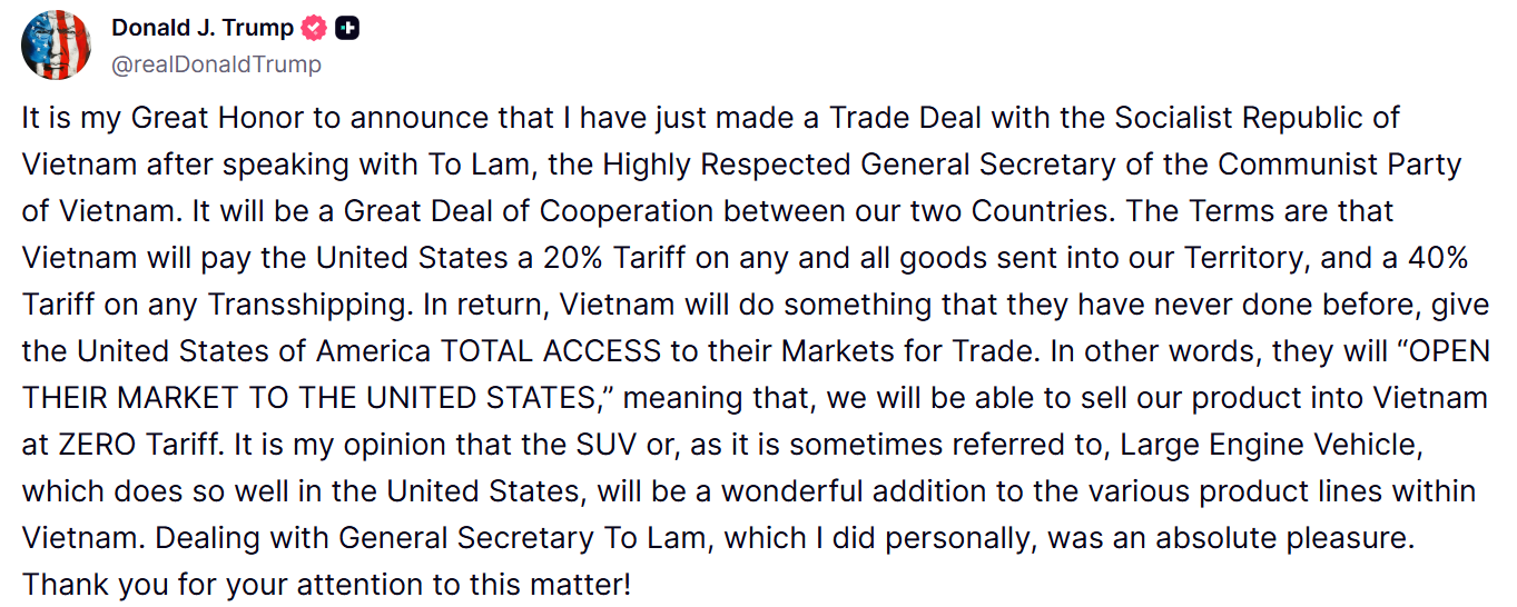  As Canada continues to strive for a U.S. trade deal that will end the various tariffs laid against it by U.S. President Donald Trump, Vietnam has provided a somewhat disheartening example of where this could go. Despite securing a similar “deal” this week with the U.S., Vietnam is apparently still being subject to a permanent tariff rate of 20 per cent in exchange for allowing unfettered U.S. access to its own market.
