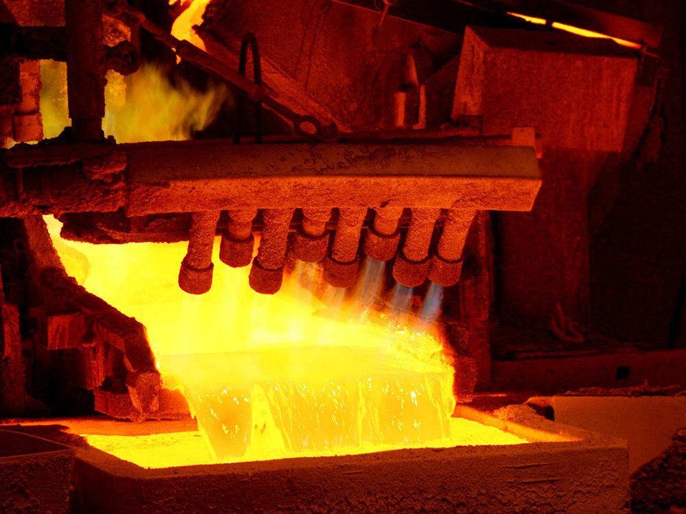 Molten copper is poured into molds at the Horne copper smelter in Rouyn-Noranda, Quebec.