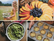 Clockwise from top left: nutritional chef Mikaela Reuben, citrus olive oil cake, zucchini Parmesan egg muffins and edamame cilantro hummus