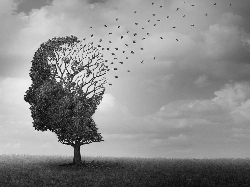 Illustration of dementia as memory loss due to brain degeneration and decline.
