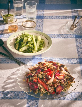 Barley pilaf with plums and walnut pesto