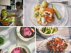 Clockwise from top left: author Anastasia Zolotarev, stuffed chicken rissoles, barley pilaf with plums and walnut pesto, and cold beet borsch