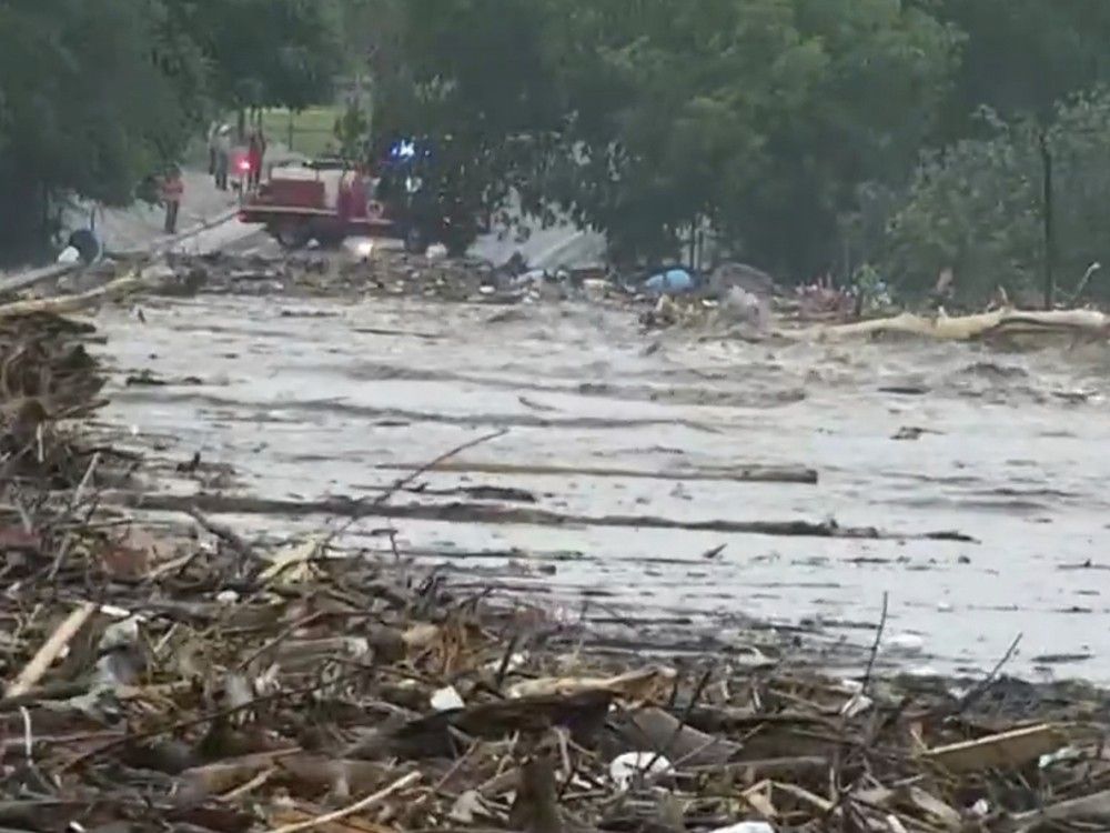 Water rises from severe flooding along the Guadalupe River in Kerr County, Texas, on Friday, July 4, 2025. 