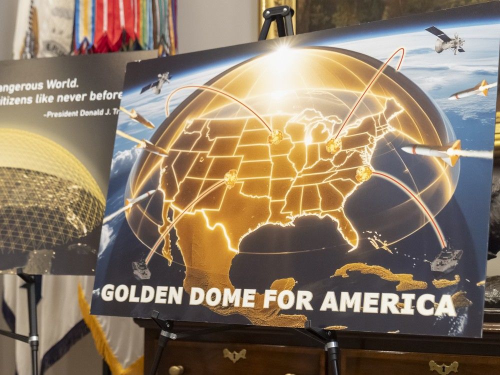  Posters for the proposed Golden Dome for America missile defense shield are displayed before an event with President Donald Trump in the Roosevelt Room at the White House, Monday, May 12, 2025, in Washington.