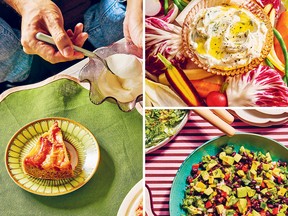 Clockwise from left: peach and ginger upside-down cake, whipped blue cheese and black bean salad with Sazón vinaigrette