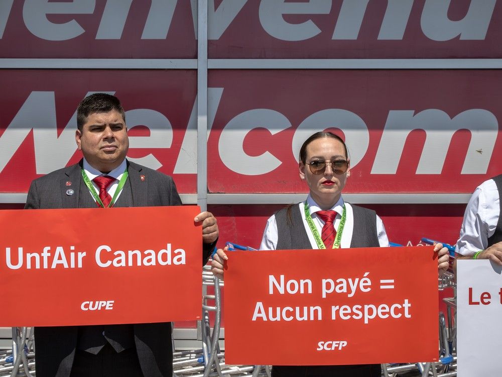  Air Canada flight attendants protest their wages and unpaid labour when working on a plane when it’s not in the air, at Trudeau Airport in Dorval on Monday, Aug. 11, 2025.