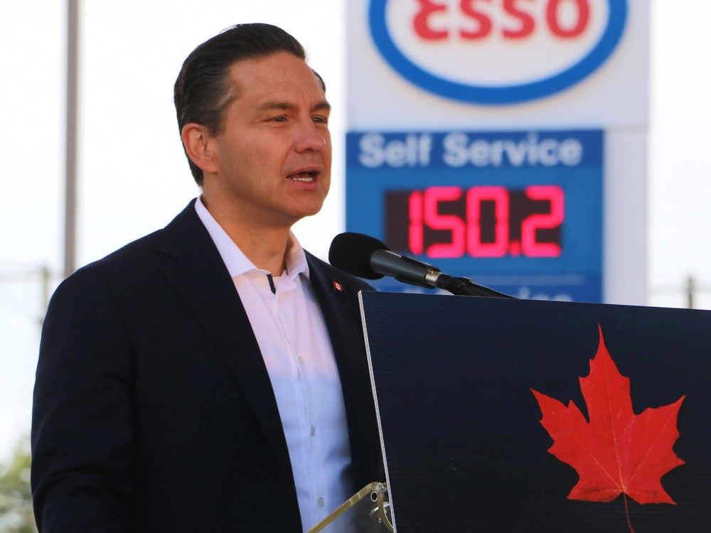  Conservative Party leader Pierre Poilievre makes a statement at a gas station in Charlottetown on Aug. 27.