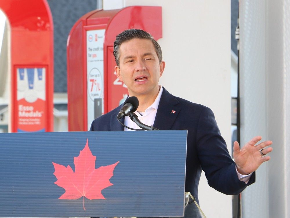 Conservative Party leader Pierre Poilievre makes a statement at a gas station in Charlottetown on Aug. 27. 