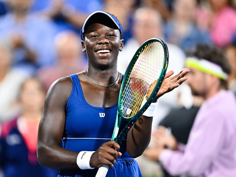 Victoria Mboko of Canada celebrates her victory against Marie Bouzkova of Czechia during their third round match on Day Five of the National Bank Open in Montrea.