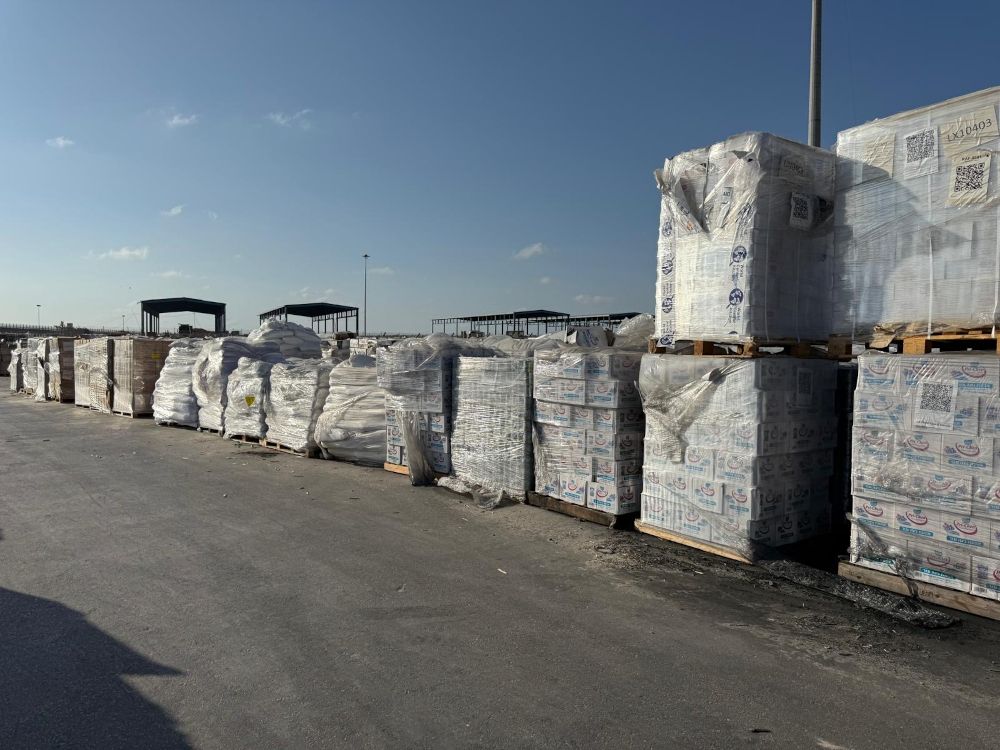  Aid supplies sit at the Kerem Shalom border crossing between Israel and the Gaza Strip on Thursday.