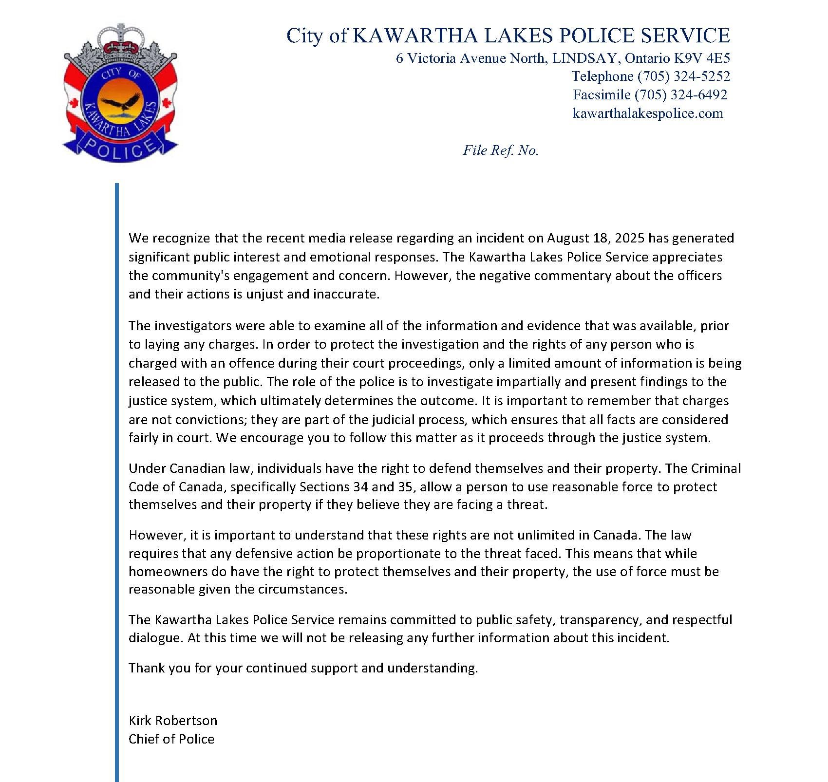 Statement from Kawartha Lakes Police Service.  Statement from Kawartha Lakes Police Service.