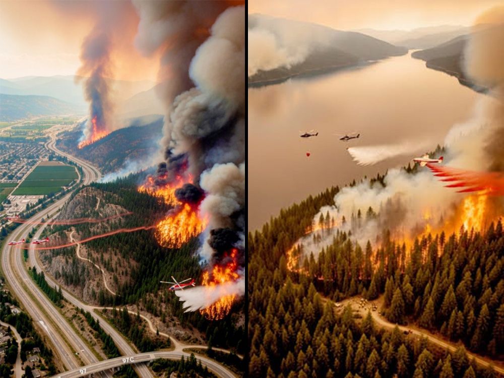 Two examples of AI-generated images shared in relation to wildfires near Peachland (left) and Harrison Hot Springs (right). The B.C. Wildfire Service called attention to the fakes this week.