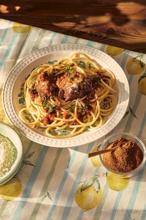 Pastitsada, beef stewed in a spicy tomato sauce served over pasta