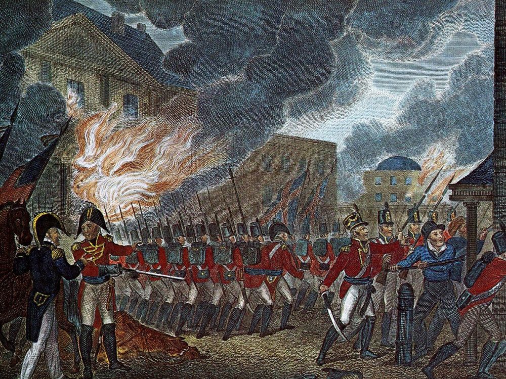 An illustration from 1816 of the British invasion of Washington D.C., during which many military and government buildings were torched, including the White House.
