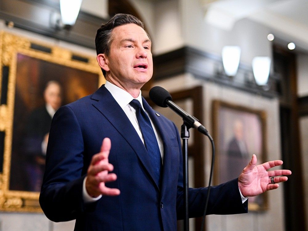 Conservative Party Leader Pierre Poilievre speaks during a press conference in the Foyer of the House of Commons in Ottawa, on Friday, Aug. 22, 2025.