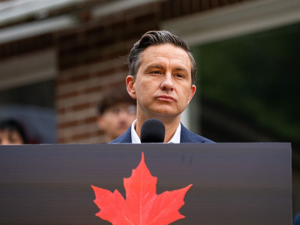 Conservative Party Leader Pierre Poilievre speaks to the media during an announcement in Brampton, Ont., on Friday, August 29, 2025.