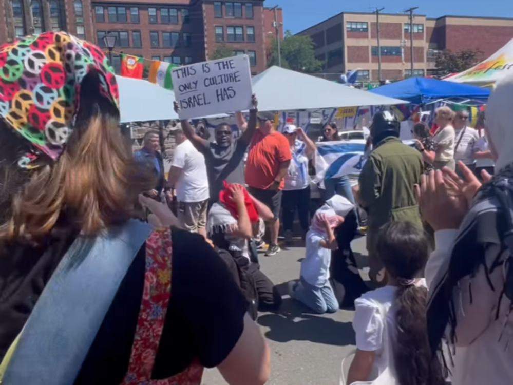 NextImg:Terry Newman: Keffiyeh-draped anti-Israel protesters target Jews at Saint John festival