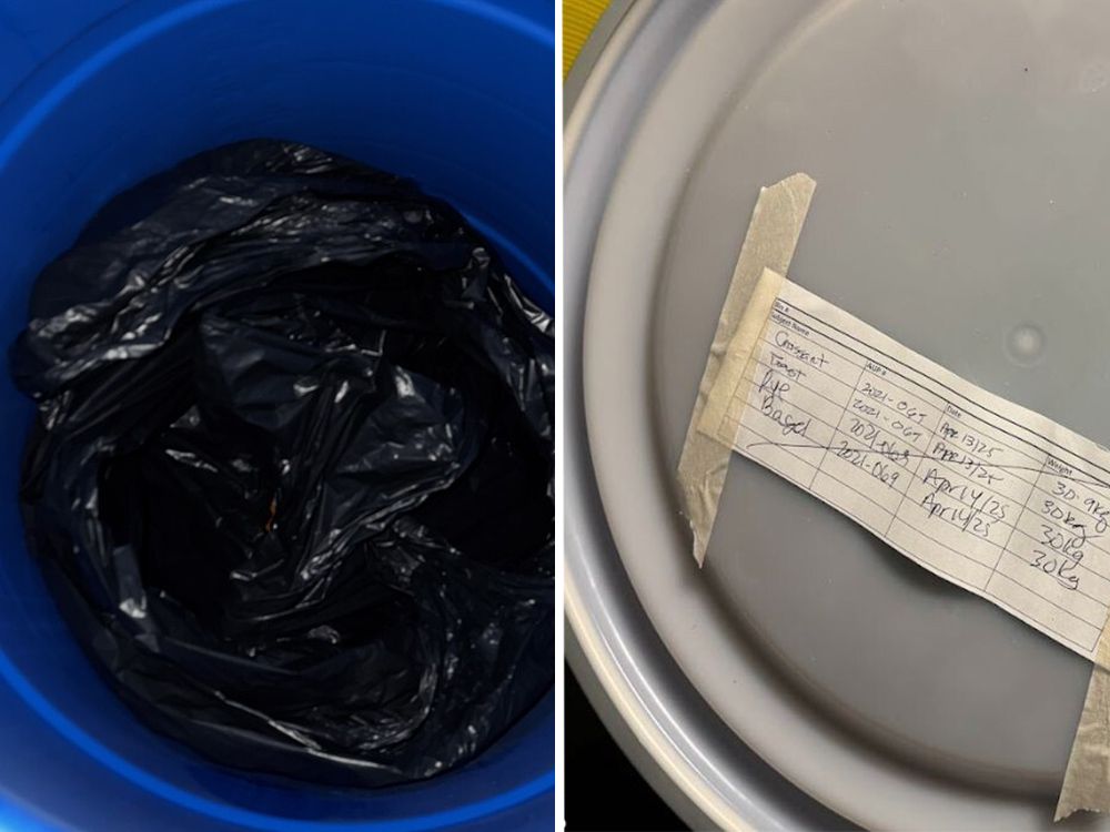  Photos staff say were taken at Lawson Research Institute show discarded dog carcasses stored in garbage bags in barrels (left); and barrels with the dogs’ names written on them. Once the barrels are full, they are then shipped off, says one staffer.