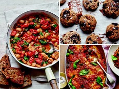 Clockwise from left: spicy gochujang beans, pecan chocolate cookies and eggplant parmigiana