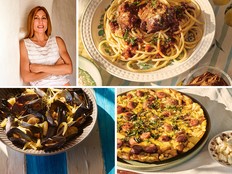 Clockwise from top left: author Carolina Doriti, beef stewed in a spicy tomato sauce served over pasta (pastitsada), eggs with sausages, potatoes and mint (fourtalia), and steamed mussels with ouzo and fennel