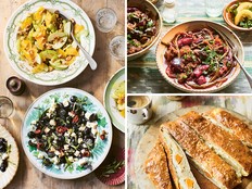 Clockwise from left: two Armenian summertime salads, lamb with plums, green beans and cinnamon, and Gurian khachapuri