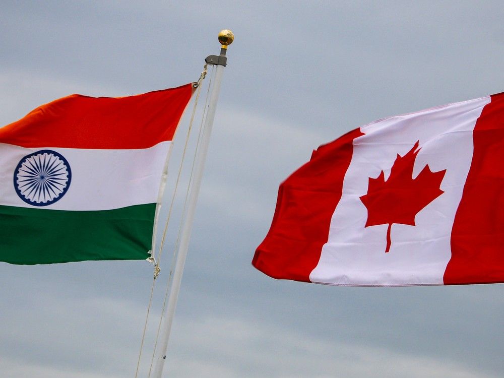  The flags of India and Canada fly in Fort McMurray, Alberta, on Aug. 20, 2023.