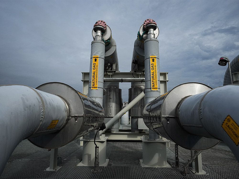  Piping is seen on the top of a receiving platform which will be connected to the Coastal GasLink natural gas pipeline terminus at the LNG Canada export terminal under construction, in Kitimat, B.C., Wednesday, Sept. 28, 2022.