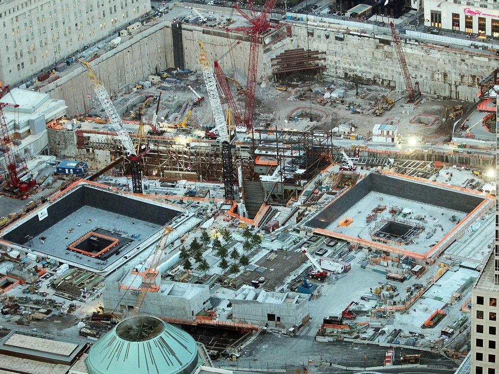  Construction at the World Trade Center site with memorial footprints of the twin towers visible September 7, 2010 in New York City.