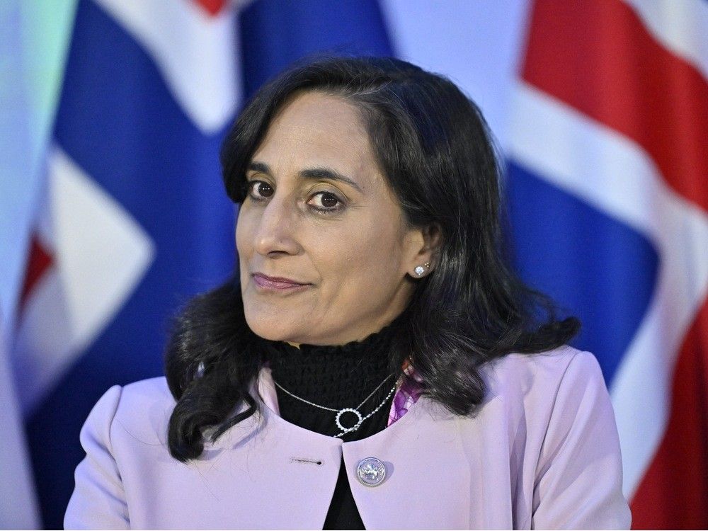 Canadian Foreign Affairs Minister Anita Anand addresses a press conference after a meeting with foreign ministers from Denmark, Norway, Sweden and Iceland at the Finnish Nature Centre Haltia in Espoo, Finland on August 19, 2025. 