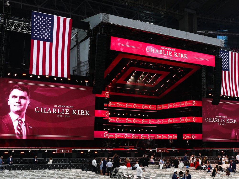  The stage is seen ahead of the public memorial service of political activist Charlie Kirk at State Farm Stadium in Glendale, AZ., on Sunday.