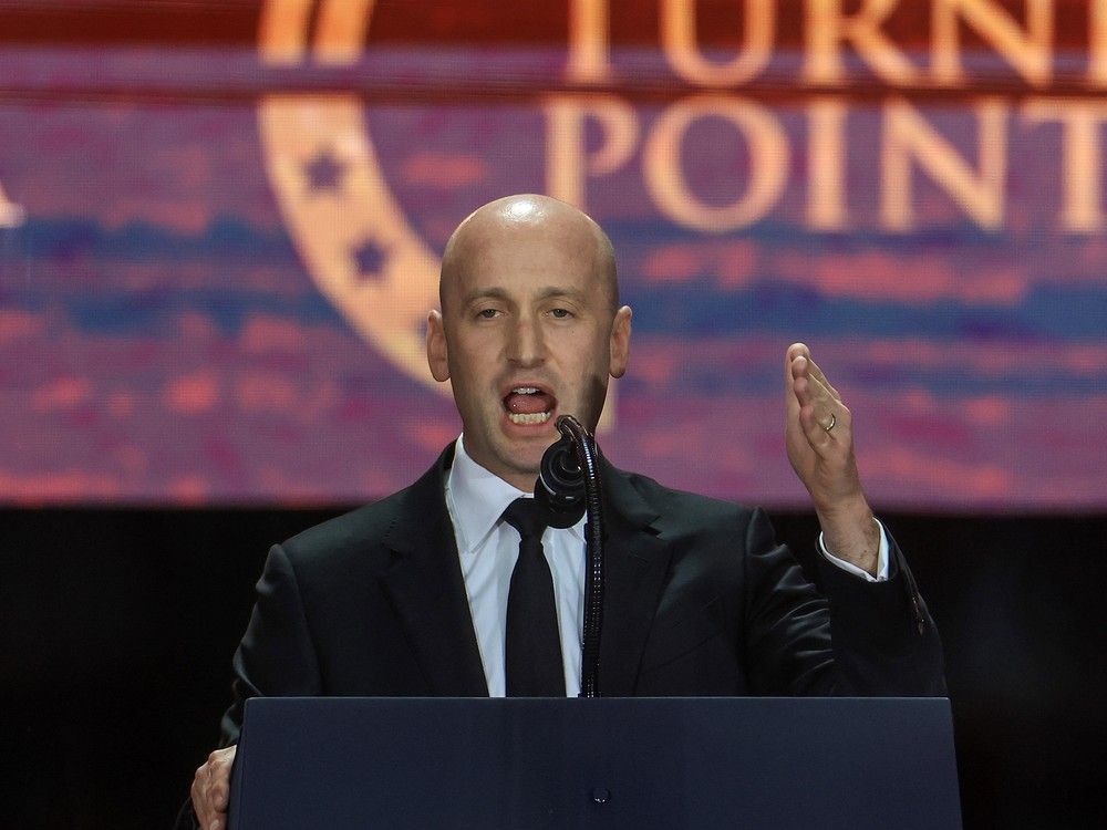  White House Deputy Chief of Staff Stephen Miller speaks during the memorial service for political activist Charlie Kirk at State Farm Stadium on Sunday.