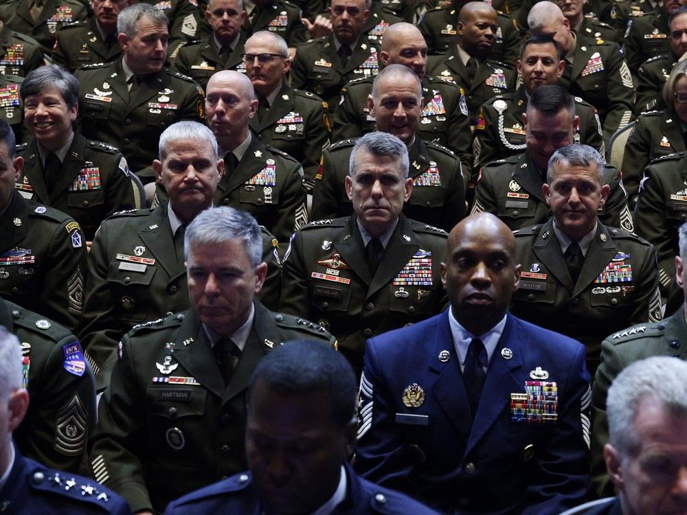 Senior military leaders look on at Marine Corps Base Quantico on September 30, 2025 in Quantico, Virginia. Senior military leaders look on at Marine Corps Base Quantico on September 30, 2025 in Quantico, Virginia.