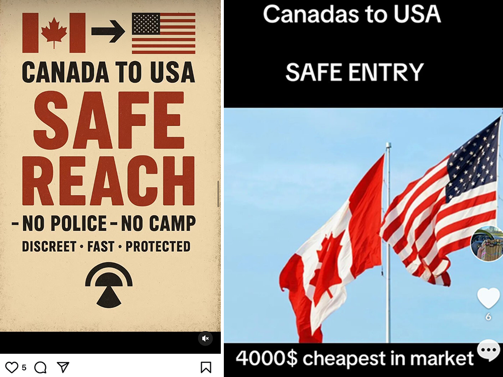  Some of the online ads on major social media platforms selling human smuggling services across the Canada-U.S. border.