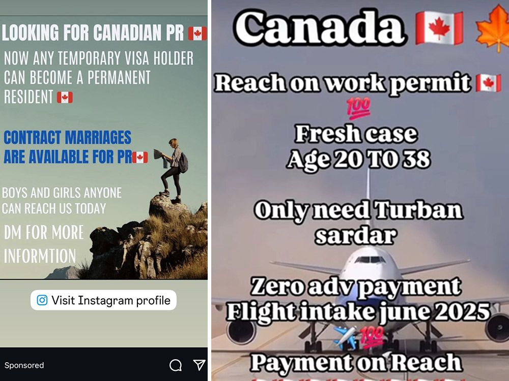  Screengrabs of some of the online ads on major social media platforms selling illicit human smuggling services and fake visas.