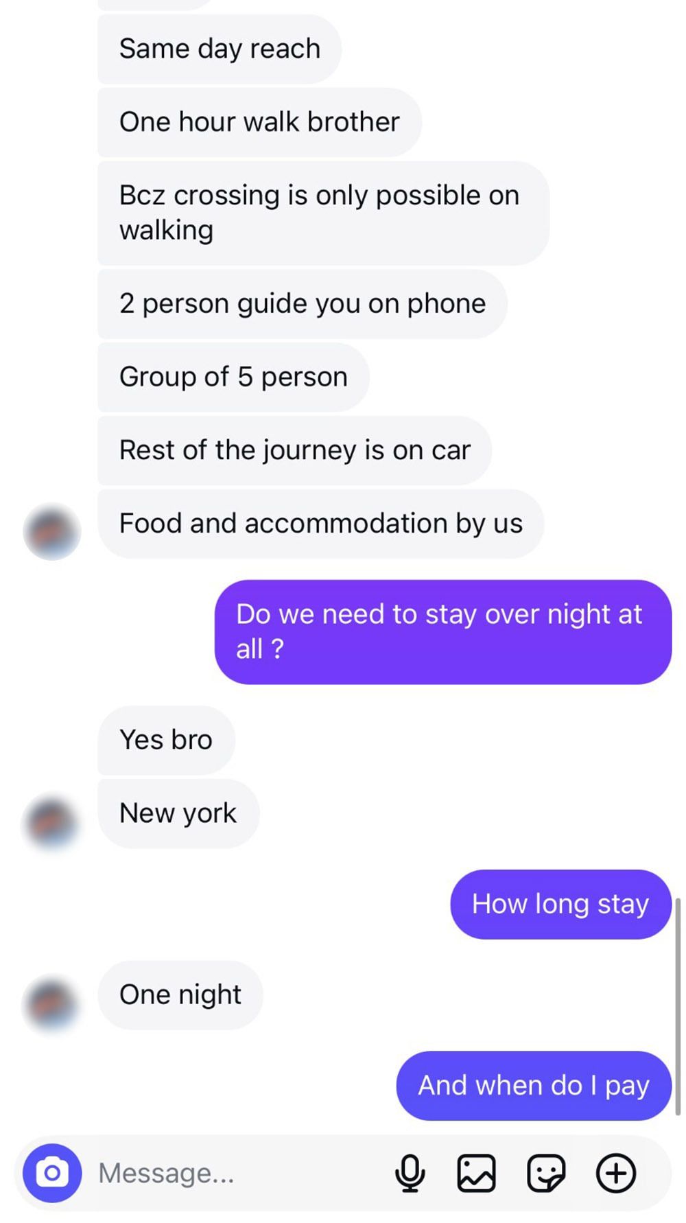  Screengrabs of a text conversation between a smuggler and a reporter posing as a client.
