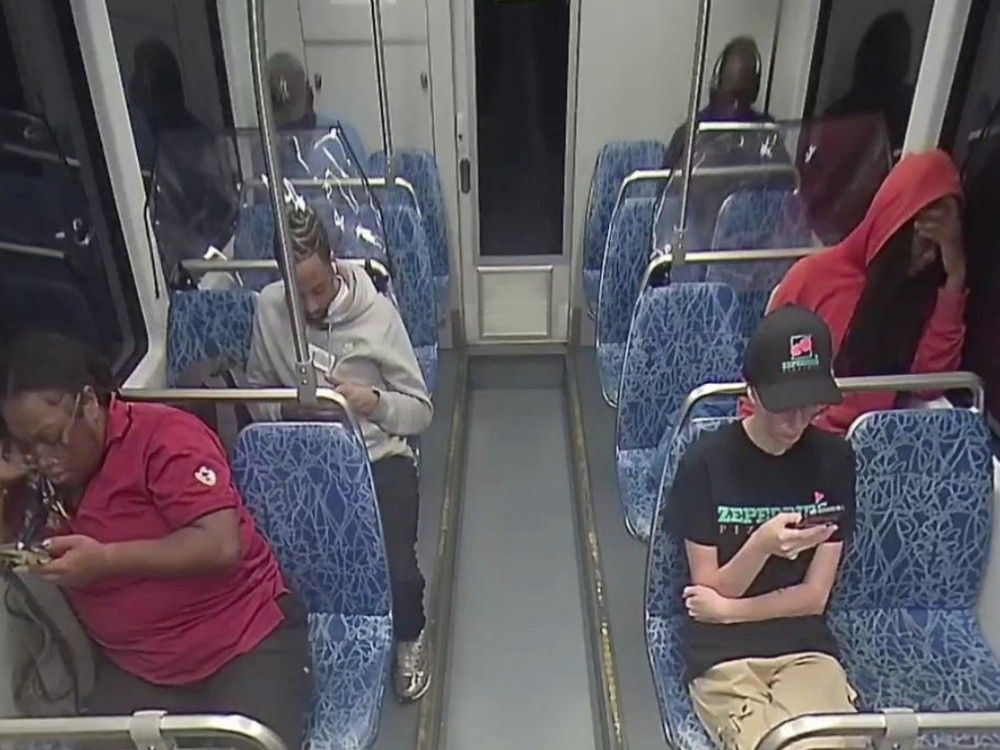  This screengrab made from video provided by the Charlotte Area Transit System shows Iryna Zarutska, bottom right, before she was fatally stabbed on a commuter train on Aug. 22, 2025. (Charlotte Area Transit System via AP)