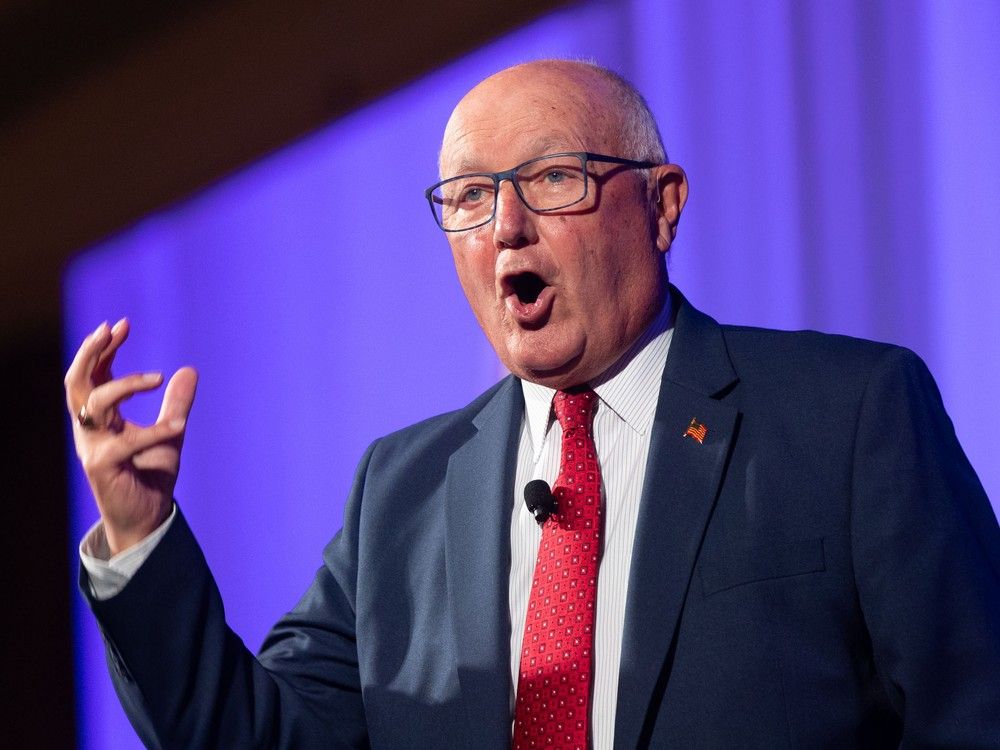 U.S. Ambassador to Canada Pete Hoekstra speaks before taking part in a discussion on Canada-U.S. relations with Colin Robertson, a fellow with the Canadian Global Affairs Institute, during the Global Business Forum in Banff, Alberta on Sept. 25, 2025. 