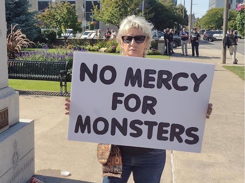  People protest in St. Catharines outside the courthouse hearing the case of Daniel Senecal, who is charged with the alleged sexual assault of a three-year-old girl in an Aug. 31 incident in Welland.