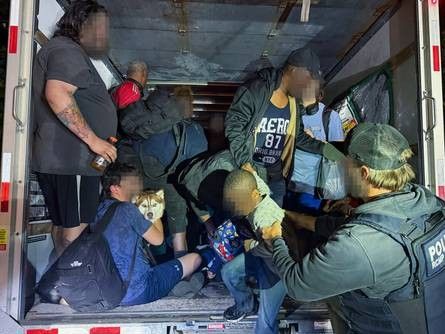  A photo released by the RCMP shows a cube truck intercepted near Stanstead, Quebec on Aug. 3, 2025. The truck was filled with 44 people being smuggled into Canada.